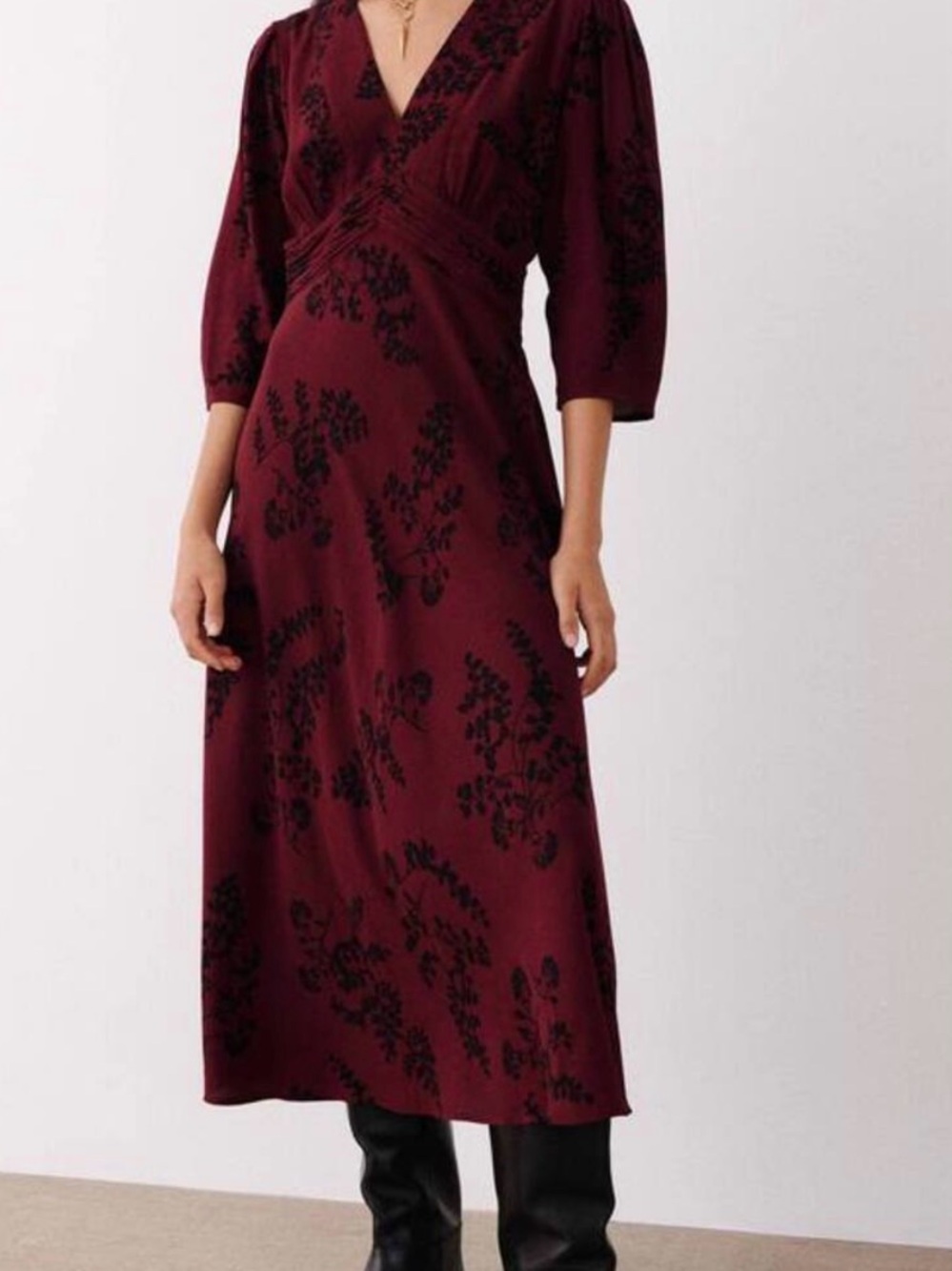ba&sh Burgundy Midi Dress with Black Floral Motif